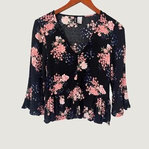 H&M Divided Floral Peplum Blouse Black Pink Bell Sleeve Dark Romantic Top Size 2